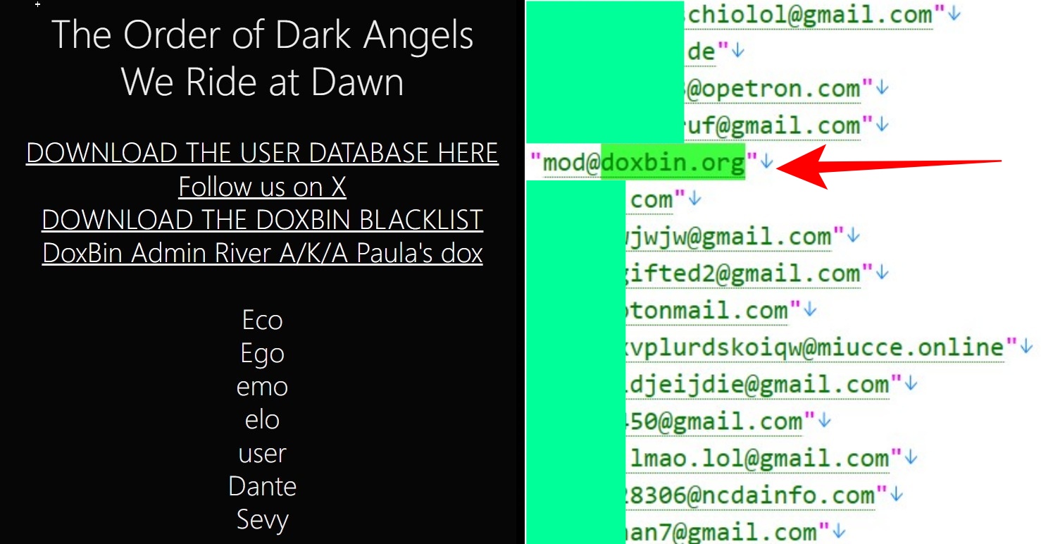 Doxbin 数据泄露信息发布网站（左）—— Doxbin 管理员泄露的电子邮件地址（右）