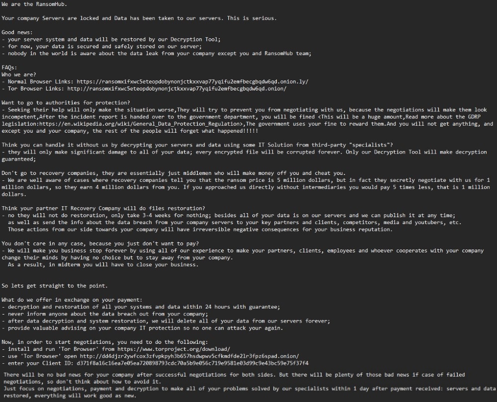 RansomHub勒索软件团伙的勒索信（图片来源：Group-IB）