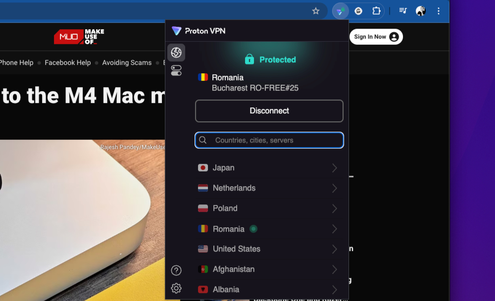 ProtonVPN Chrome 扩展连接状态